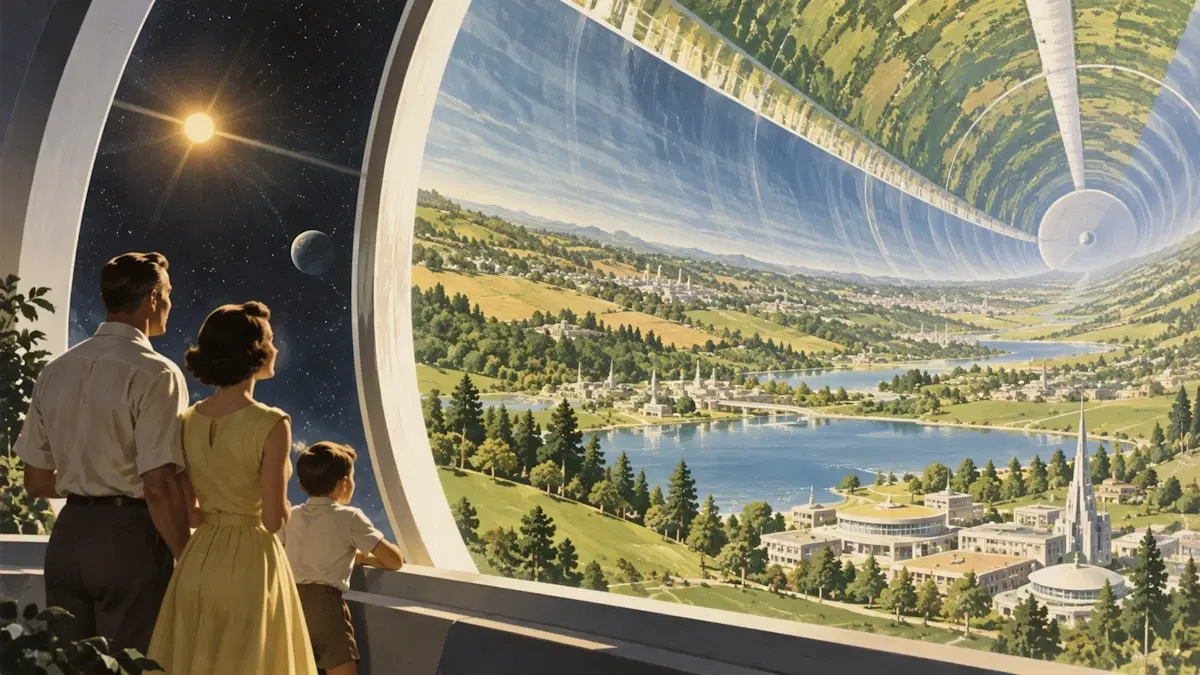 GPT Image 2.5 artwork of a family overlooking a lush, retro-futuristic space city.